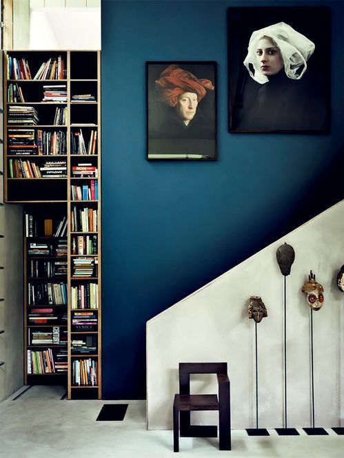 decoração, deslineada, azul, design, estante de livros, escada, parede, quadros