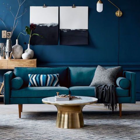 decoração deslineada azul design sala de estar sofá dourado